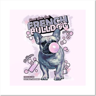 Blue French bulldog, vintage 80' french bulldog, sweet frenchie with pink bubblegum Posters and Art